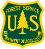 U.S. Forest Service emblem with tree silhouette on dark green background.